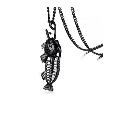 China 2021 New Hot Selling Tide Black Color Male Pendant Titanium Steel Fish Bone Necklace For Man for sale