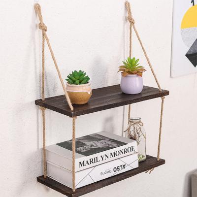 China (Size) 2 Adjustable Durable Wall Mounted Wooden Hanging Link Storage Shelves With Rings Rope for sale