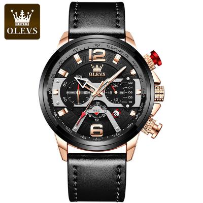 China Cheap Leather Watch Logo Mens Watches Custom Chronograph Olevs 9915 Multi-funtional Big Dial Wristwatches Quartz Leather Watch for sale