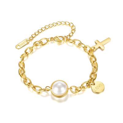 China Romantic Gift For Girls Fashion Lady Cross Pendant Pearl Stainless Steel Bracelet For Women Gold Plated Jewelry for sale