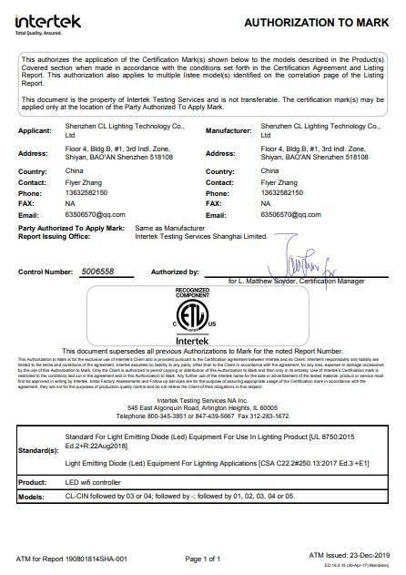 ETL - Shenzhen CL Lighting Technology Co., Ltd.