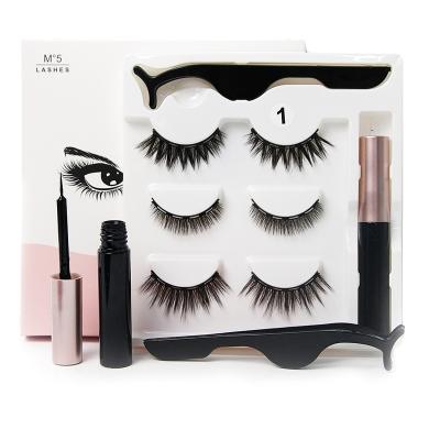 China Long natural ready to ship low price 3 pairs magnetic eyelash with 1 eyelash glue and 1 magnetic tweezers in gift box for sale