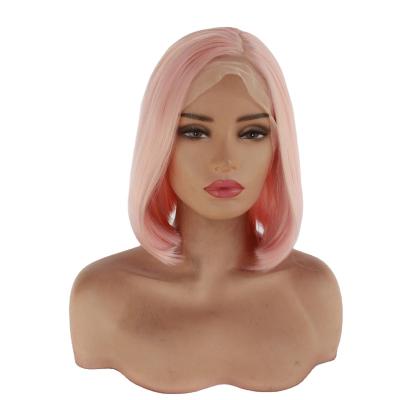 China Short 14inch Bob Wig Pre Plucked Synthetic Water Wave 13x3 Pink Lace Front Wig With Human Hair for sale