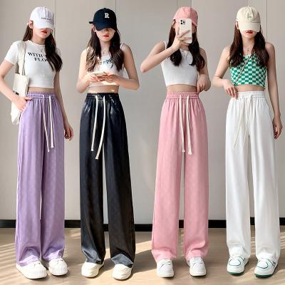 China Anti-wrinkle loose large size wide leg pants women's summer style waist slim satin jacquard high hanging straight casual sunscreen ice silk for sale