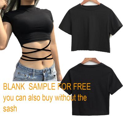 China Anti-pilling Black Color Shorts Sleeve Sexy Women's Fitness Crop Top Tees Single Light Bandage Tie for sale