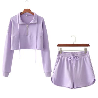 China Women Anti-UV Hoodies Sets Sexy Pullover Zipper Up Crop Top Hoodie Shorts Sets Casual Sports Shorts Pants Fit For Women for sale