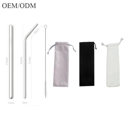 China Disposable Portable OEM/ODM/Amazon Bag 215*6mm 215*12mm 304 Stainless Steel Straw 3pcs Set of Reusable Metal Drinking Straws for sale