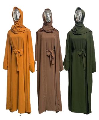 China D0045 Latest Breathable Super Low Price Turkey Dubai Solid Color Muslim Three Piece Abaya Set Kaftan Women Casual Open Dress Large Size for sale