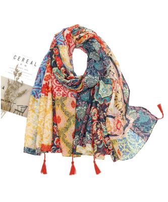 China W0012 Long Fashion Shawl Scarf Luxury Floral Literary Canvas Lady Retro Quilted Stole Pashmina Muslim Hijab Bufandas for sale