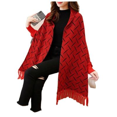 China W0016 Women's New Fashion Long Poncho With Tassels Pashmina Winter Wool Blend Stripe Woven Sleeve Scarf Heated Cotton Arab Shawls for sale