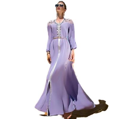 China Muslim women party SH0009 embroidery rhinestone v-neckline dress Dubai elegant luxury solid moq bottom equating banquet skirt stock for sale