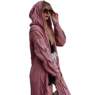 China Twist 2021 Autumn And Winter Solid Color Anti-shrink Hooded Cardigan Sweater Long Knit Sweater Women for sale