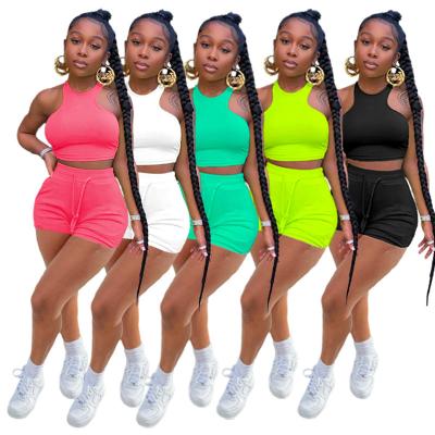 China 2022 summer new arrival fashion solid color sexy QUICK DRY halter crop top sport wear short set women casual two-piece pants for sale