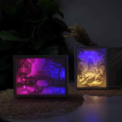 China Hot Sale New Design 3D Paper Carving Shadow Box LED Table Night Light With Sight Painting for sale