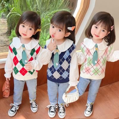 China Spring casual children's college style tie shirt long sleeve children's suit girls knitted vest children's wear three sets for sale