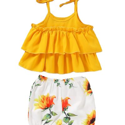 China Wholesale 2021 Summer Casual Children's Suit Girl Ruffle Vest Solid Shorts 2 Piece Set Baby Clothes for sale