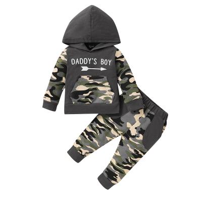 China COLORFUL Sweatshirt Baby Boys Hooded Tops Letter Print Pullover Pants Camouflage Anti-wrinkle Hoodie Clothing Set 2Pcs for sale