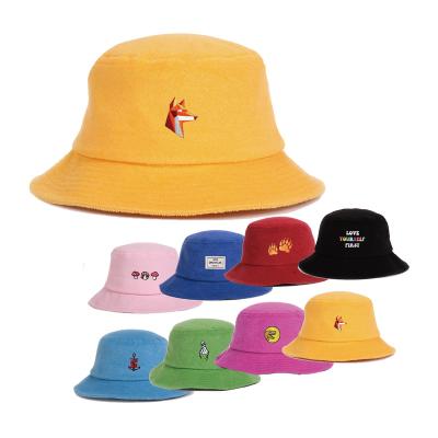 China Custom Logo Comfortable Polyester Cotton Flat Surface Toweling Bucket Hats Wholesale Embroidered Terry Towel for sale