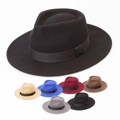 China Warm& Comfortable Custom Ribbon Wool Fedora Hat 100% Wide Brim Stylish Logo Mens Black for sale