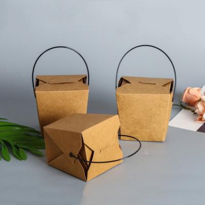 China Disposavle High Quality Disposable Foldable Kraft Paper Packing 16oz Paper Noodle Box With Handle for sale