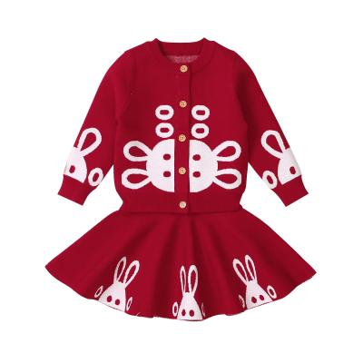 China Low MOQ Anti-Wrinkle OEM Kids Clothing Girls 2pc Long Sleeve Sweater And Skirt Sets Autumn Winter Clothes With Rabbit Pattern for sale