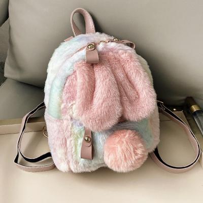 China 2020 Fashion Backpack Trendy Rabbit Ears School Schoolbag Girls Cute Link Dye Faux Fur Travel Bags for sale