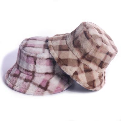 China Checked Soft Fur Plaid Pattern Hat Korean Winter Style Soft Bucket Hats For Women for sale