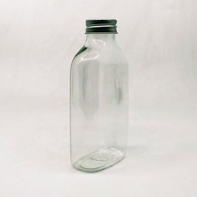 China food & Beverage Packaging Transparent Flat Shape 350ml PET Beverage Bottles Juice Milk Tea Food Packing Bottles With Aluminum Caps for sale