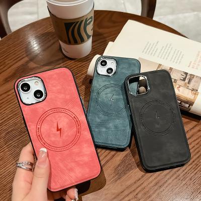 China Shockproof Fashion Magsafe Leather Magnetic Wireless Charger Case For iPhone 14 13 12 11 pro Max Leather Cover Fundas Para de XS X XR for sale