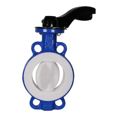 China Easy Installation Bundor DN100 China Factory Price PTFE Seated Butterfly Valve Manual WCB Body Full PTFE Lined Wafer Type Butterfly Valve for sale