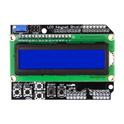 China New and original blue LCD1602 backlight LCD keypad shield module with 6 momentary push buttons and 16 x 2 character display 64.5mm x 16mm for sale