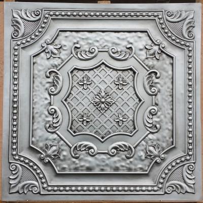 China PL04 Artistic Ceilings Faux Tin Painted Art Style 3D Embossing Antique Silver Ceiling Tiles Wall Panels for sale