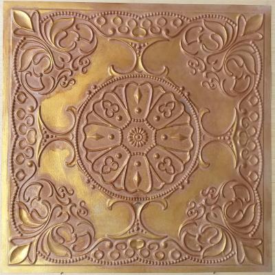 China Artistic Ceilings Tin Ceiling Tiles Faux Painted Vintage Brown Gold Color Decorative Wall Panel PL71 for sale