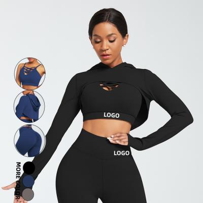 China HEXIN Customs Service Breathable Sleeve Crop Top 3 Piece Long Sports Bra Set Yoga Pants Workout Clothing Set for sale