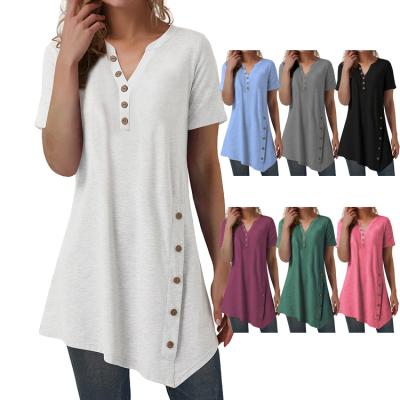 China Anti-wrinkle New Arrival Button Design Short Sleeve Tops Irregular Blouse Ladies' Blouses for sale