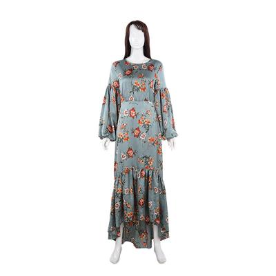 China Anti-wrinkle O-neck Women's Asymmetrical Floor Length Casual Dress Full Sleeve Ruffle Edge Floral Print Ruffle Edge Women Dress for sale