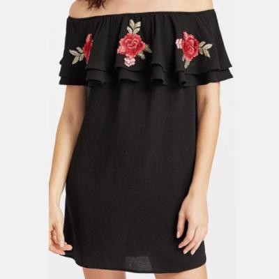 China Anti-wrinkle Mexican Embroidered Dresses Wholesale Ladies Black Off The Shoulder Summer Shirt Black Floral Women Dress Casual Loose Mini for sale