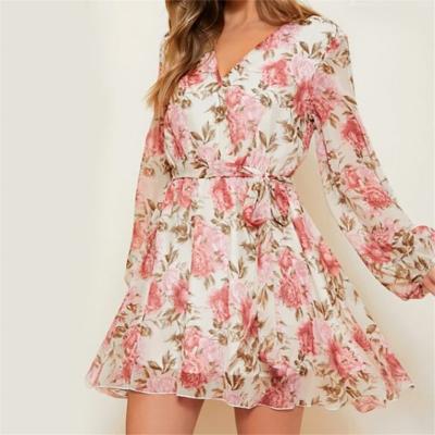 China Fashion Floral Print Ruffle Sleeve Anti-Wrinkle Full Puffy Pink Floral V-Neckline Ruffles Women's Summer Casual Mini Dress for sale