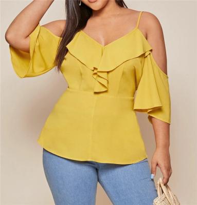 China New Viable Summer Plus Size Long Sleeve Shirt Blouse Women Chiffon Yellow Elegant Casual Blouses Tops Lady for sale