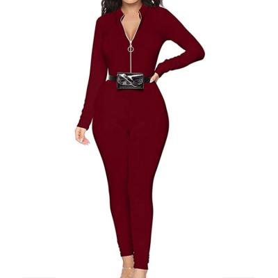 China Anti-Wrinkle Women's Sexy Casual Long Sleeve V-Neck Zipper One Piece Bodycon Jumpsuit for sale