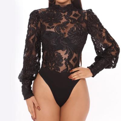 China New Anti-Shrink In Sexy Women's High Neck Lace Up Long Sleeve Women Mesh Bodysuit Tops In Black for sale