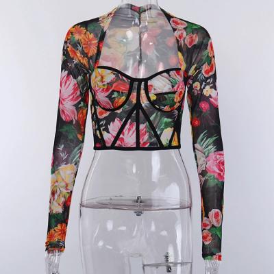 China Women Vintage Shirts Anti Shrink Crop Tops Hot Sale Fashion Top Sexy Ladies Long Sleeve 2021 Spring Summer Floral Printed Mesh For Women for sale