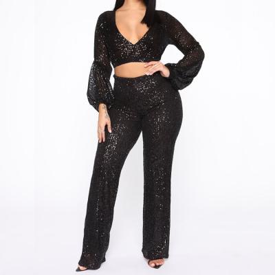 China Anti-wrinkle glam play glitter panties set solid color wide shiny hot sequin jumpsuit full sleeve slim pants two pieces set for ladies for sale