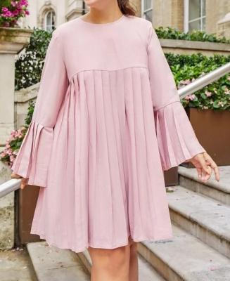 China Breathable Ruffle Sleeve Cuff Around Lady Elegant Pink Mini Dress Office Women Dress Autumn Long Sleeve Pleated Casual Fall Neck for sale