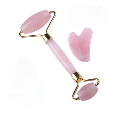 China Hot Selling Etsy Rose Quartz Gua Sha Jade Pink Face Roller Set For Skin Care for sale