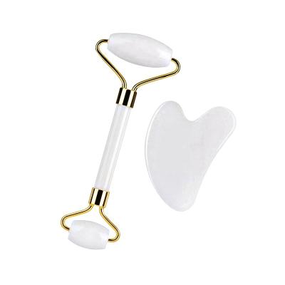 China Original Natural Crystal White Jade Facial Roller Gua Sha Set Wholesale Custom Private Label Face Massage for sale