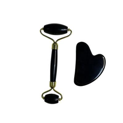 China Hot Sale 100% Natural Black Jade Face Obsidian Stone Roller New And Gua Sha Tool Kit for sale