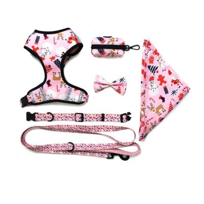 China Huasong High Quality Xmas Thoughtful Small Animals Dog Harness Set Collar Leash Dog Poop Bag Bow Tie Super Comfort for sale