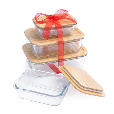 China Heatable Set of 4 Glass Packs 370ml-640ml-1040ml-1520ml Keeping Food Cool Box with Bamboo Lid for sale