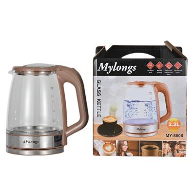 China Mylongs Base 360 ​​Degree Rotation Blue Led 220V 2.2L Portable Glass Electric Kettle Pour Over Hotel Kettle Kitchen Kettle for sale